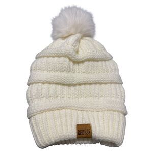 Redess Creamy white (ivory) Knit Beanie Hat with Faux Fur Pom – Soft & Cozy